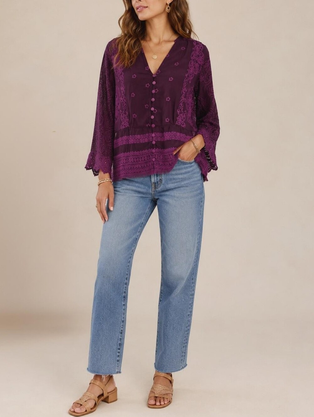 JOHNNY WAS Polyvore Juniper Boho Floral Embroidered V-neck Button Front Top Plum